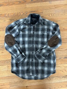 Pendleton Black and Gray Plaid Button-Down Shirt with Brown Elbow Patches